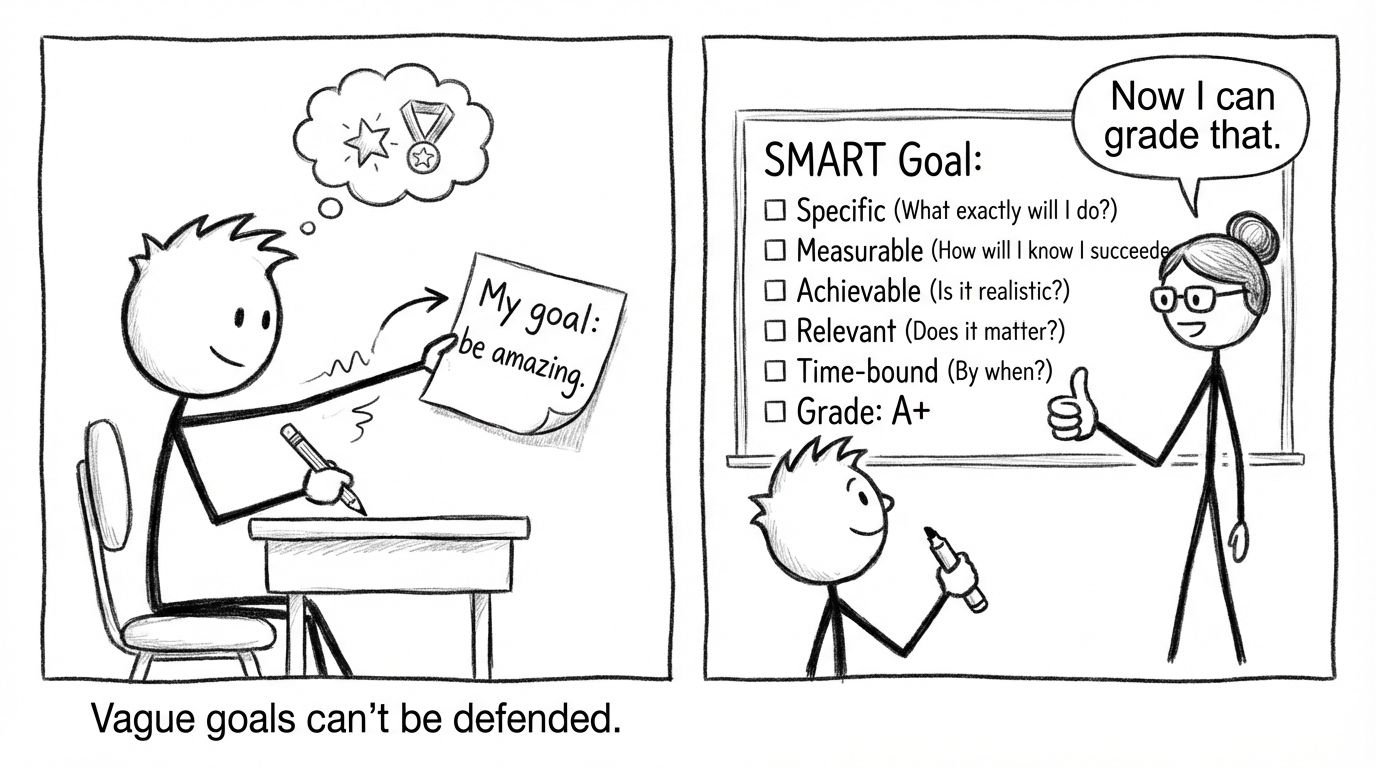 Two-panel comic: “My goal: be amazing” becomes a SMART goal, teacher says “Now I can grade that.”