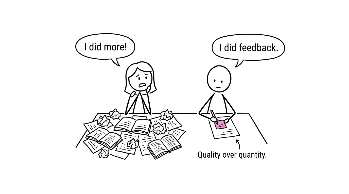Two students: one does more questions, one does feedback