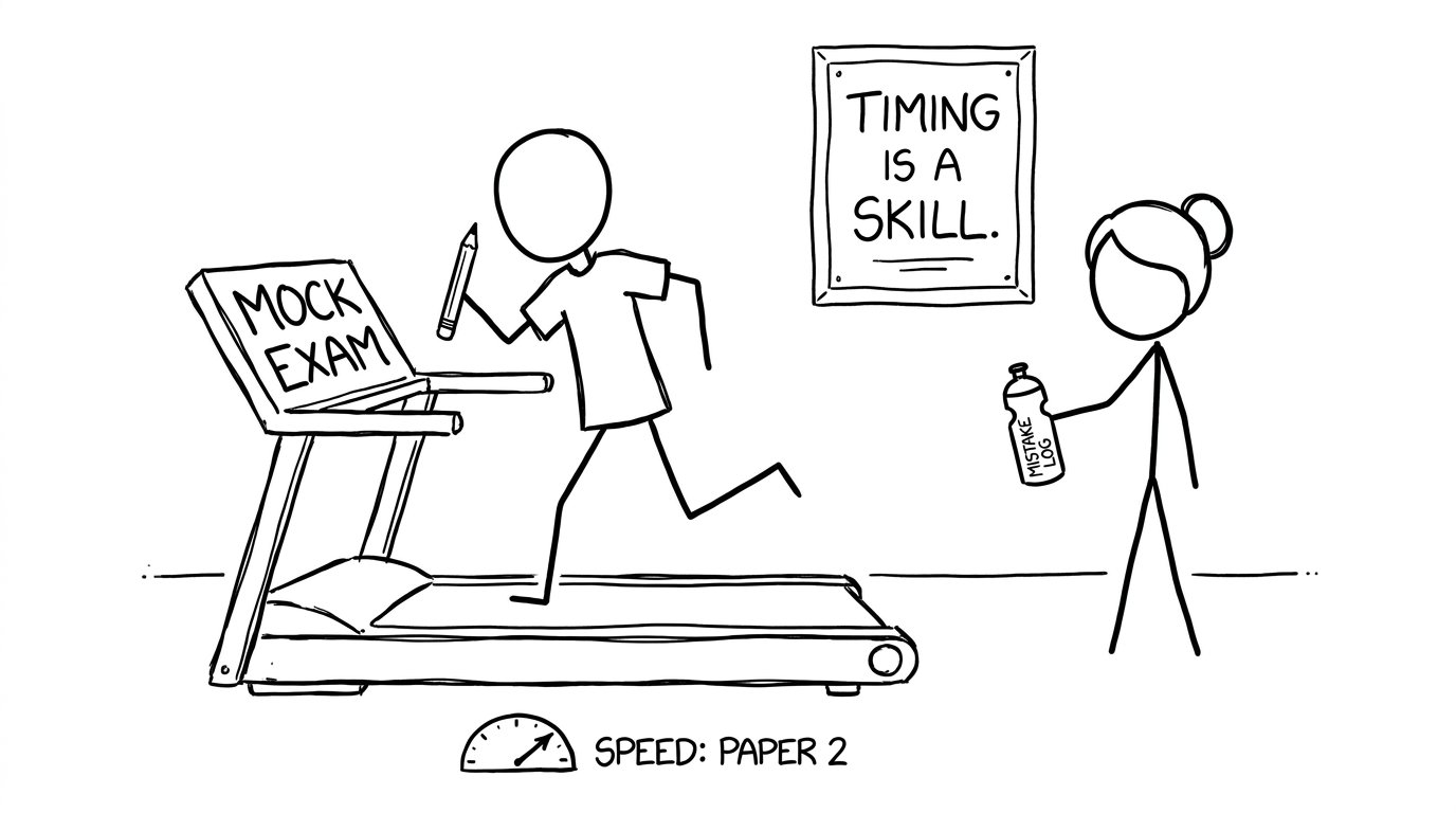 Treadmill labeled Mock Exam with a water bottle labeled Mistake Log