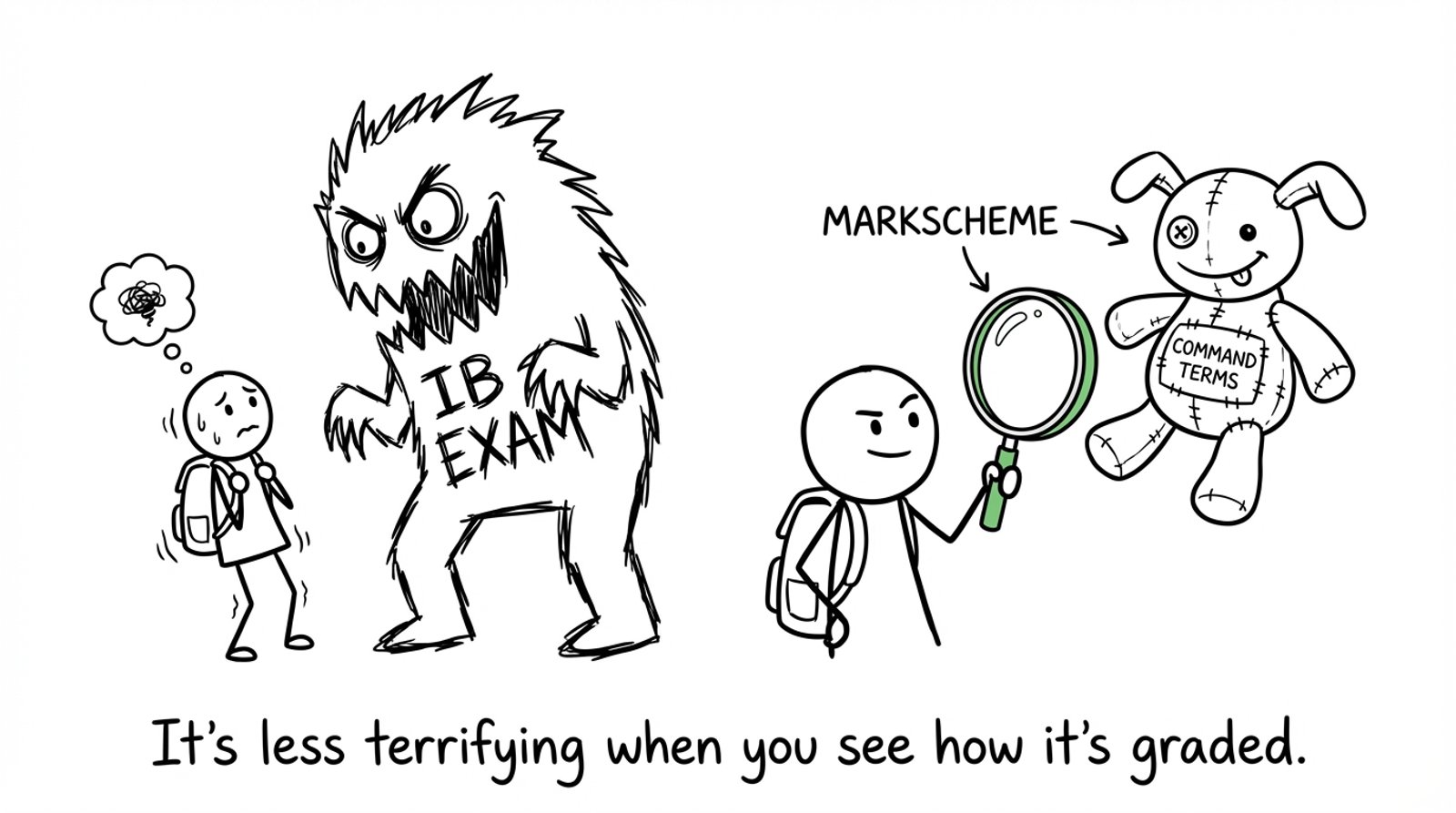 Stick-figure comic where an IB exam monster becomes a goofy plush toy when viewed through a magnifying glass labeled markscheme
