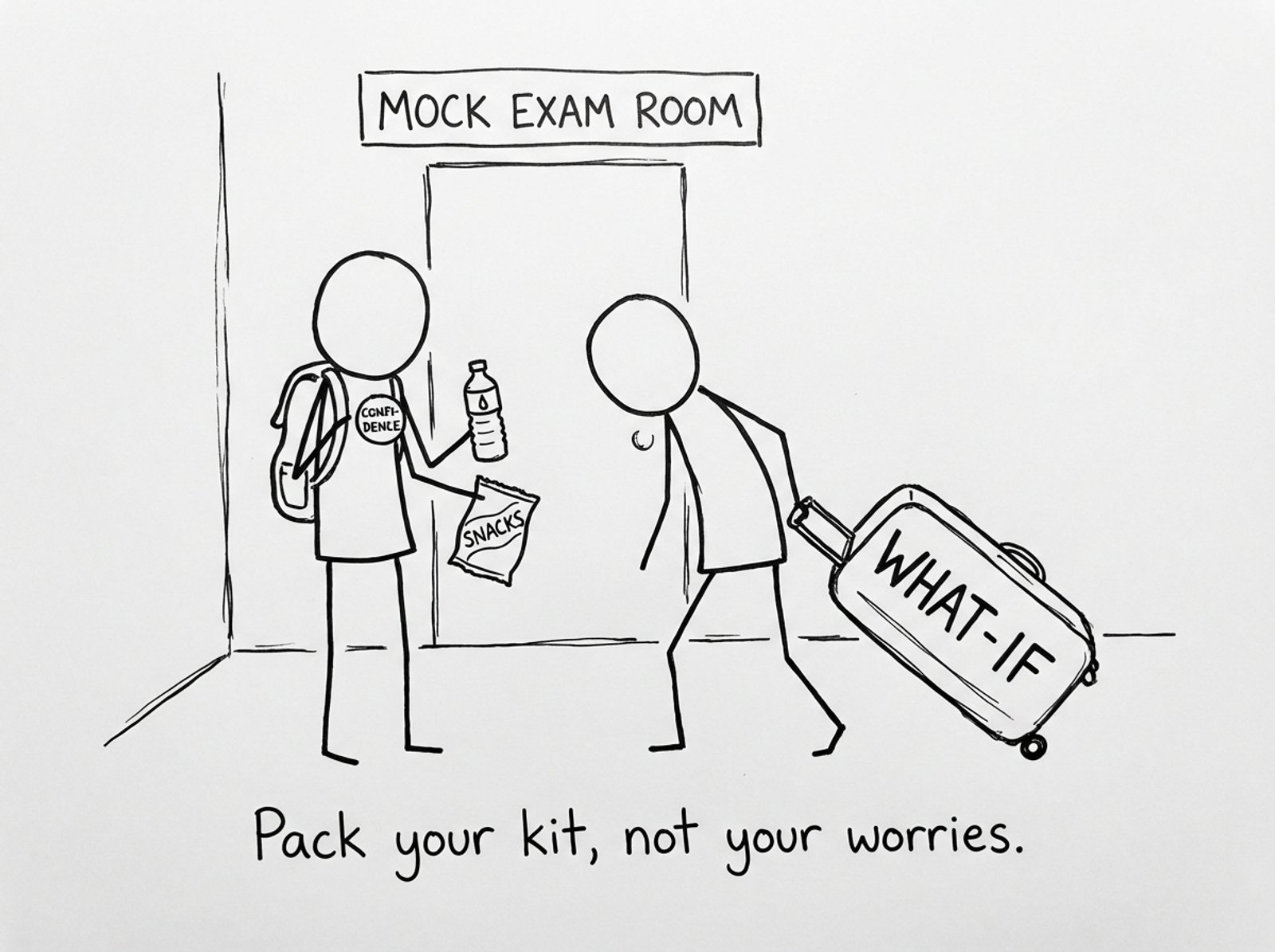 Two students packing for a mock: one packs snacks and confidence, one packs a suitcase labeled “What-if”