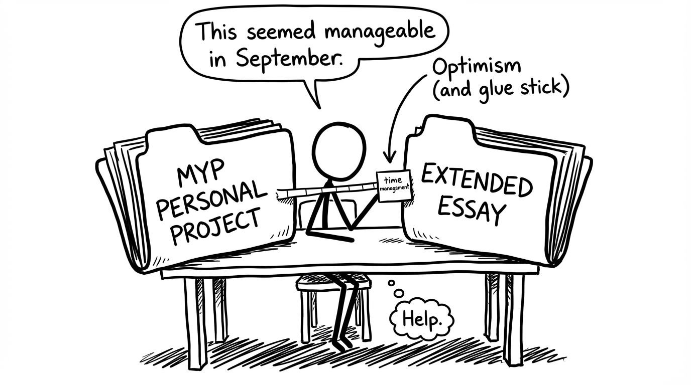 Student holding MYP vs EE folders