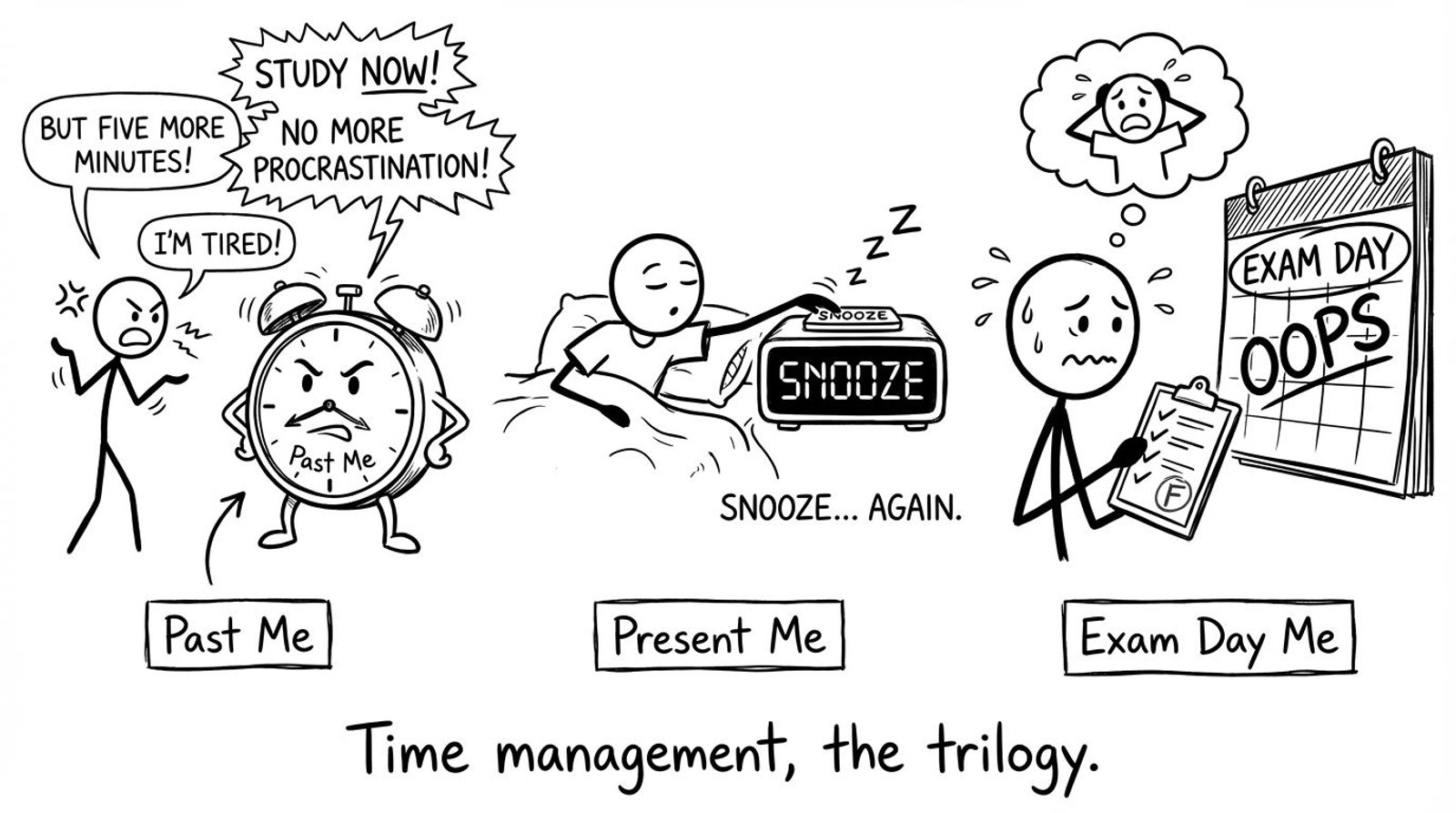 Alarm clock labeled Past Me, Present Me snoozing, Exam Day Me watching with clipboard