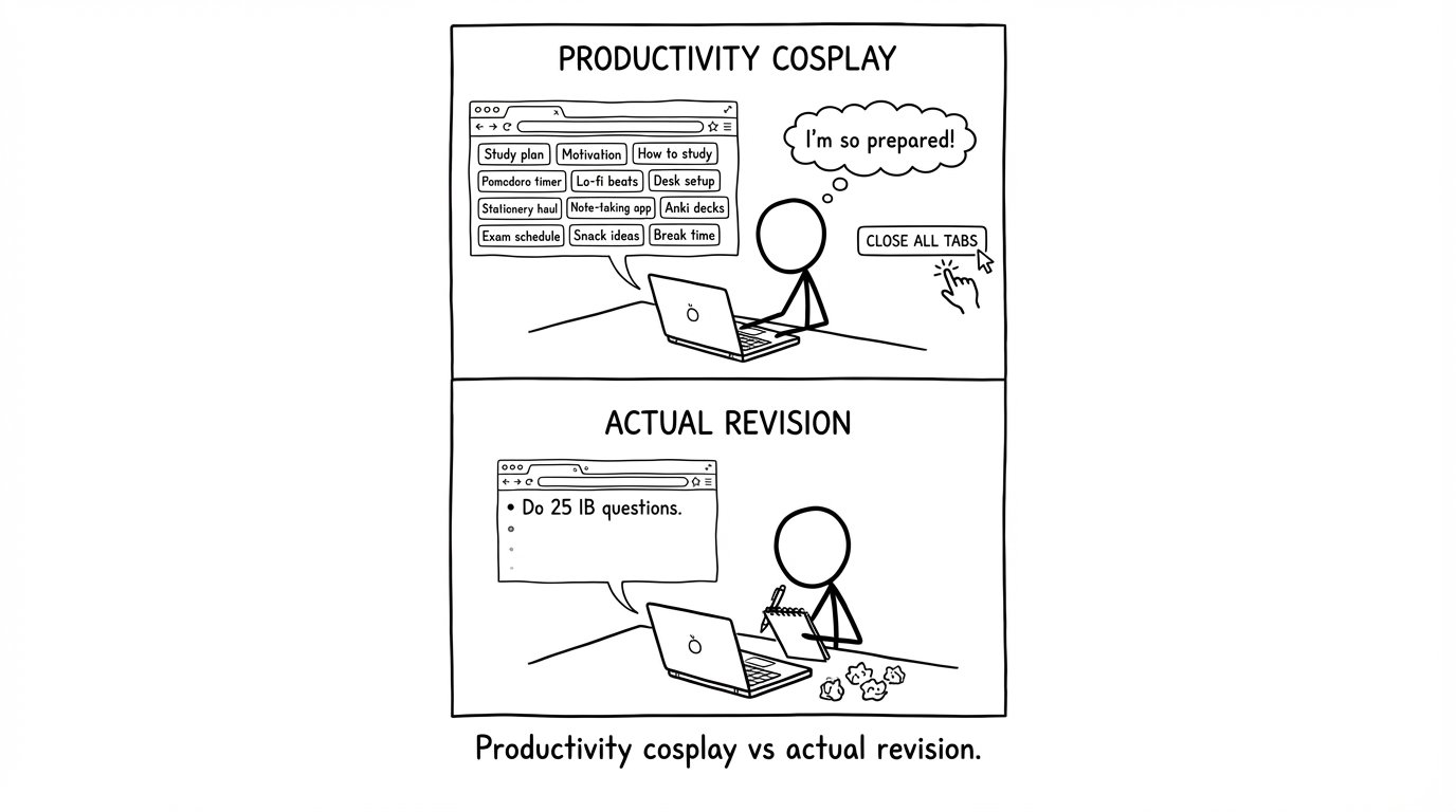 Student closes 12 planning tabs and opens “Do 25 IB questions”