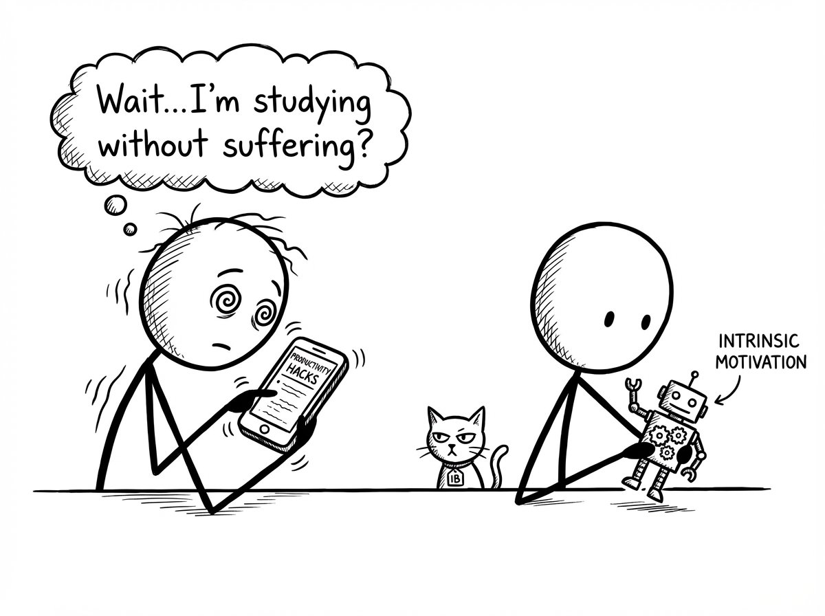 Two students: one doom-scrolls productivity hacks, one builds a tiny robot labeled ‘intrinsic motivation’