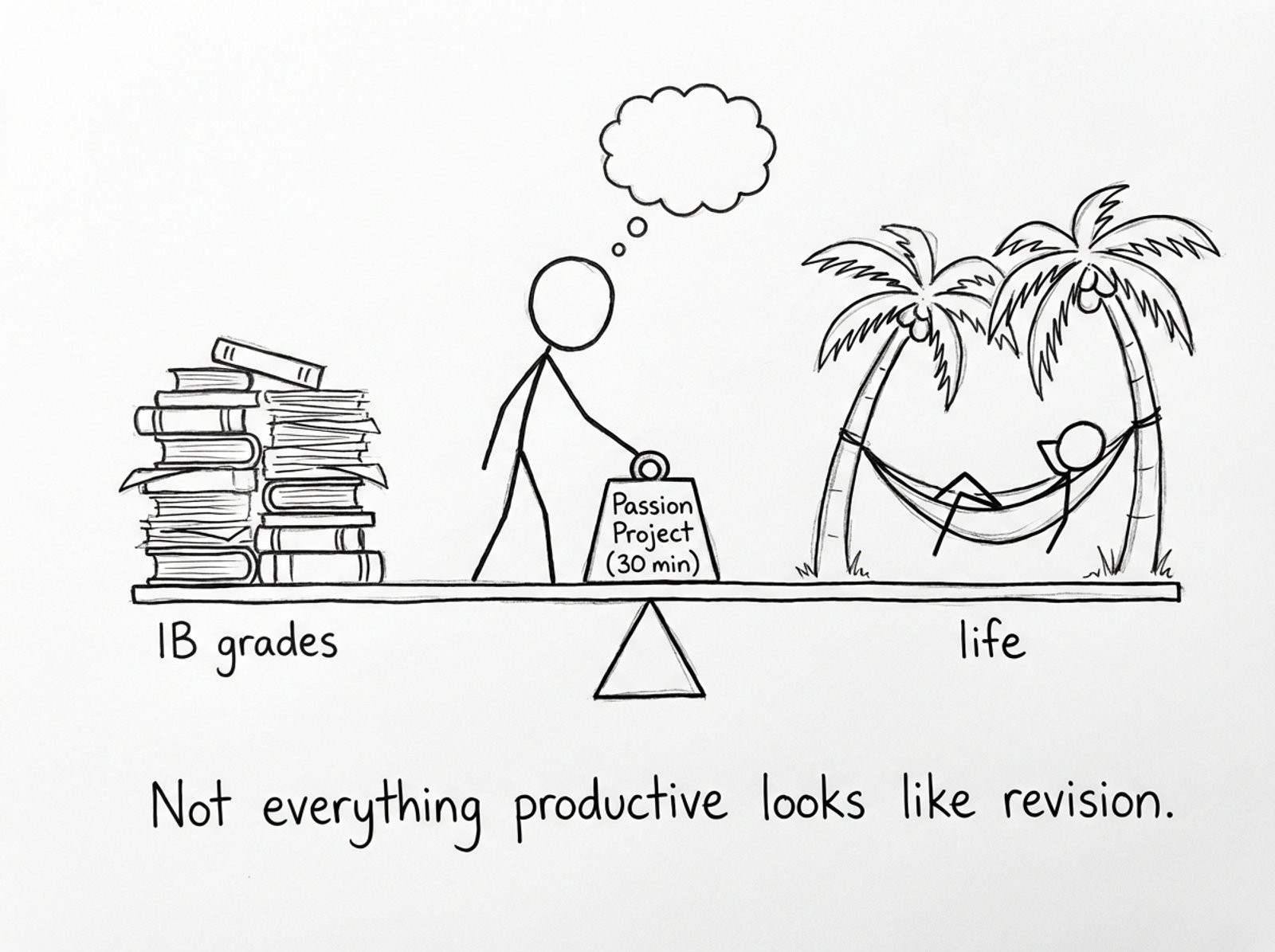 A seesaw labeled ‘IB grades’ and ‘life’ stabilizes when ‘Passion Project (30 min)’ is placed in the middle