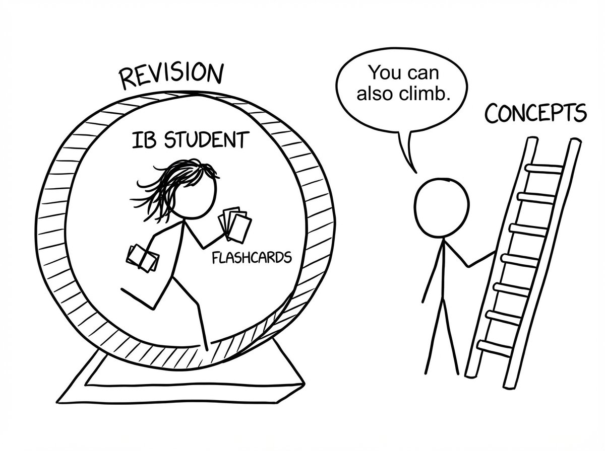 A hamster wheel labeled “Revision” next to a ladder labeled “Concepts”