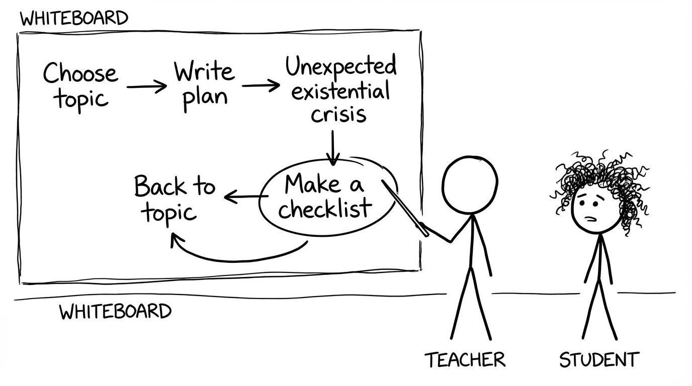 Flowchart: existential crisis then checklist