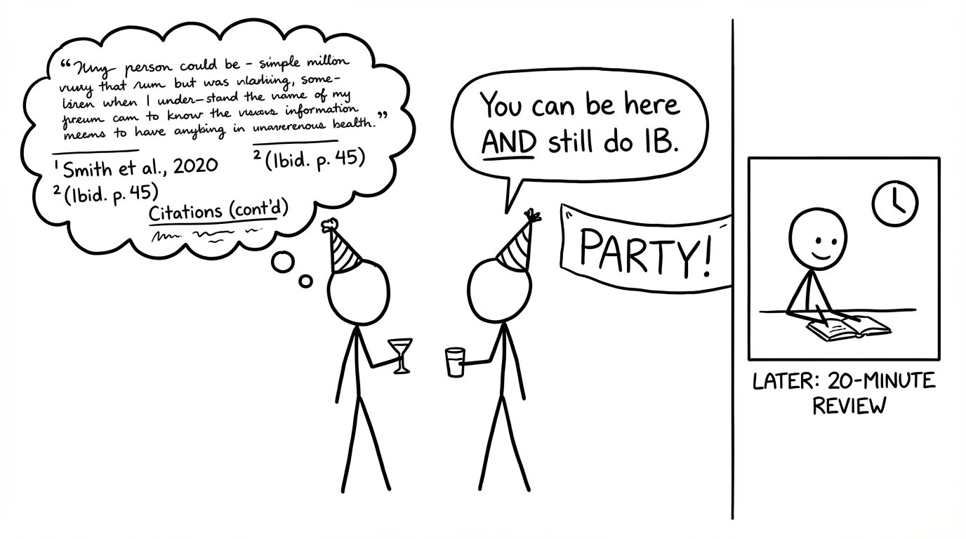 Two students at a party; one thinking about citations