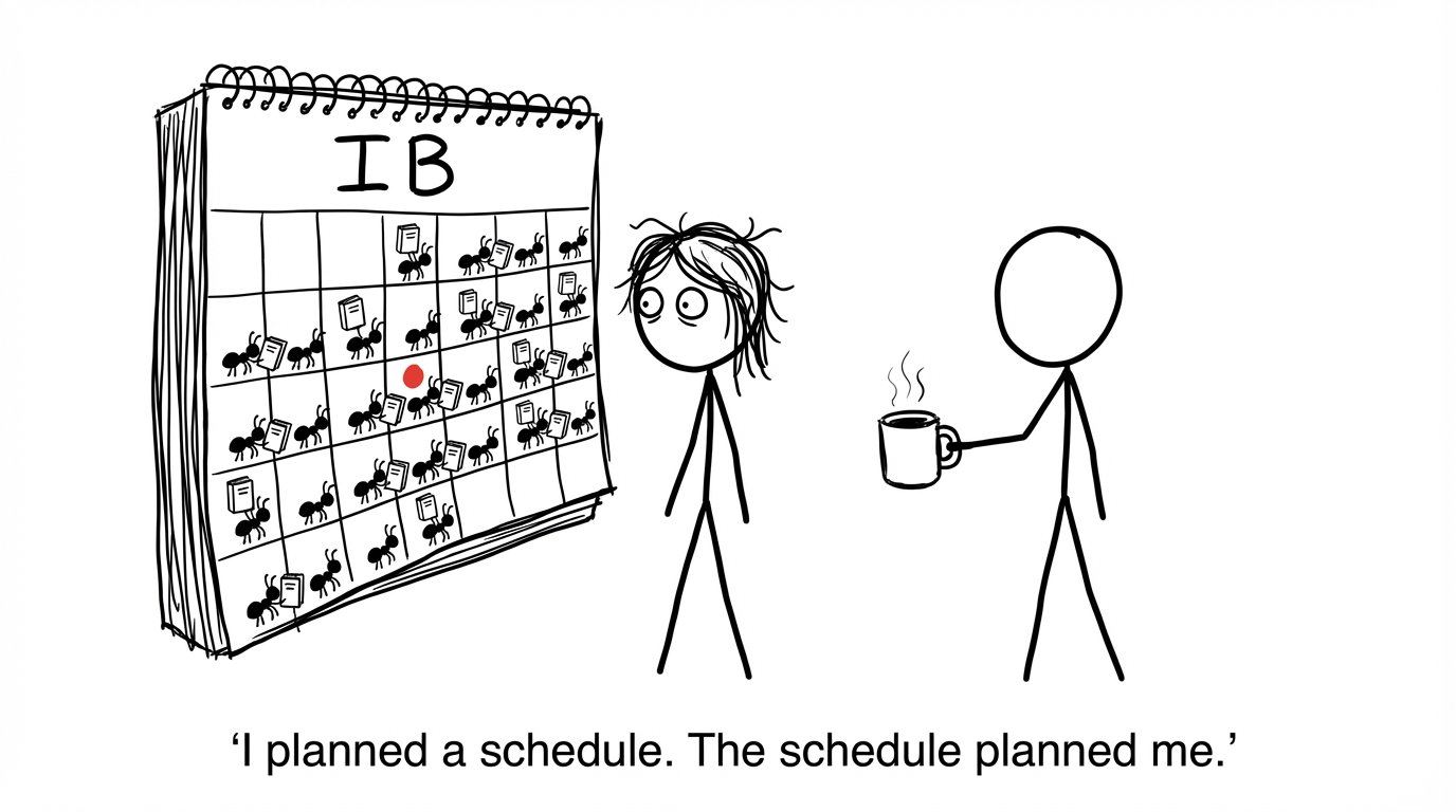 A student vs an IB calendar full of ants carrying textbooks