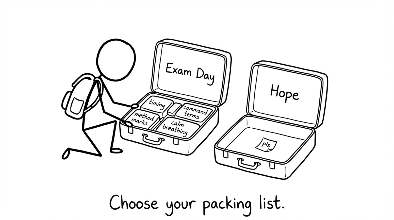 Two suitcases: “Exam Day” vs “Hope”