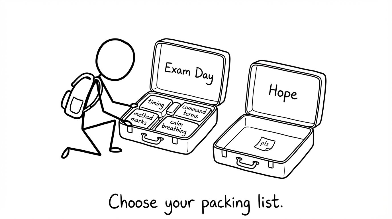 Two suitcases: “Exam Day” vs “Hope”