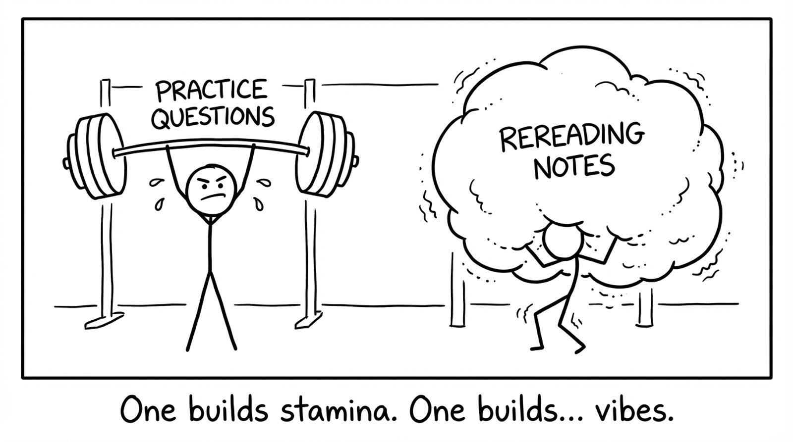 Two stick figures at a gym lifting ‘Practice Questions’ vs a squishy pillow labeled ‘Rereading Notes’