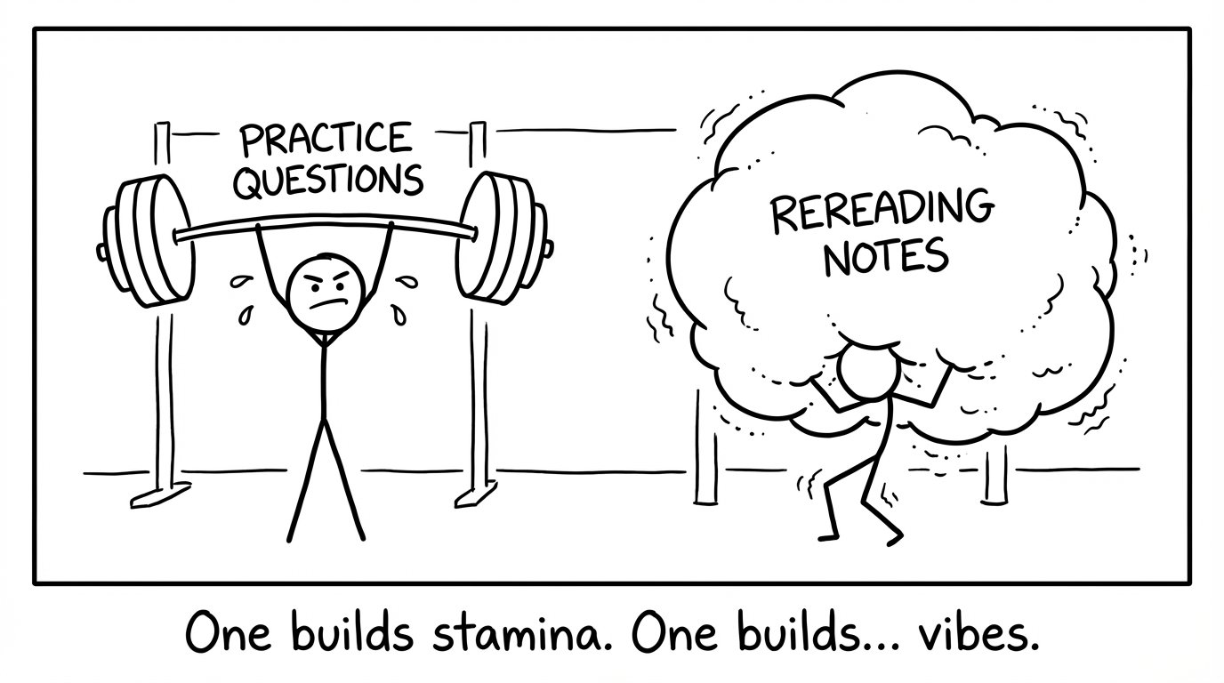 Two stick figures at a gym lifting ‘Practice Questions’ vs a squishy pillow labeled ‘Rereading Notes’