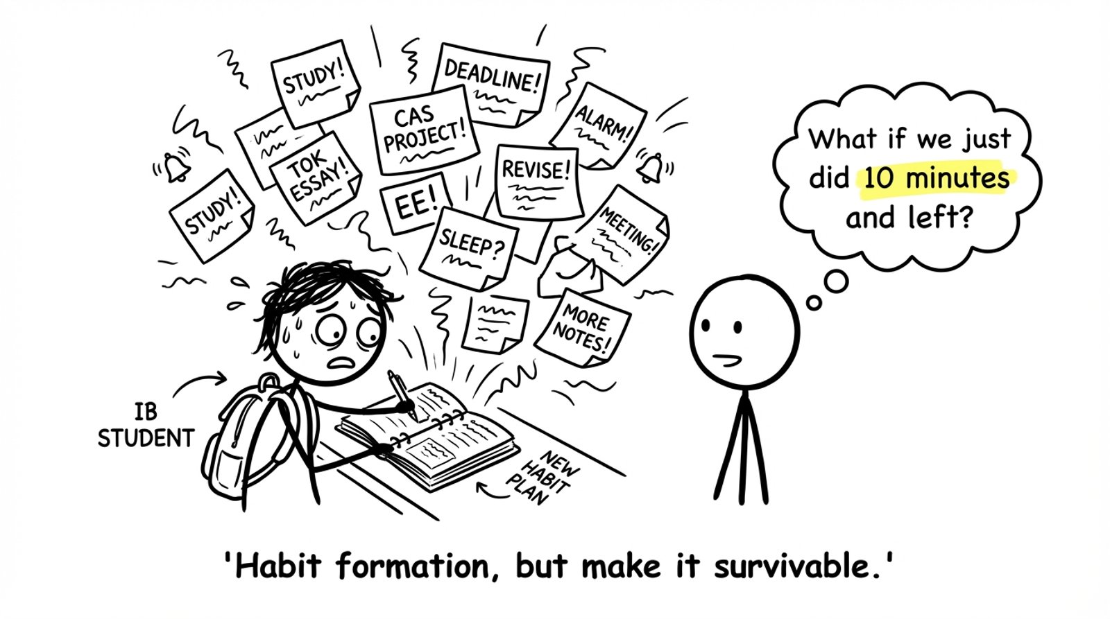 A planner explodes into sticky notes while a friend suggests 10 minutes