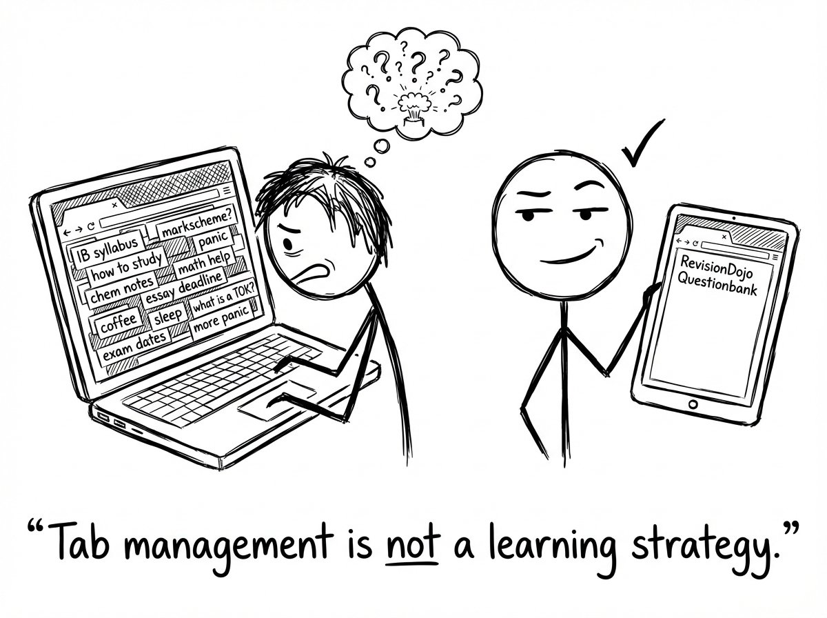 A student with 37 tabs vs one Questionbank tab