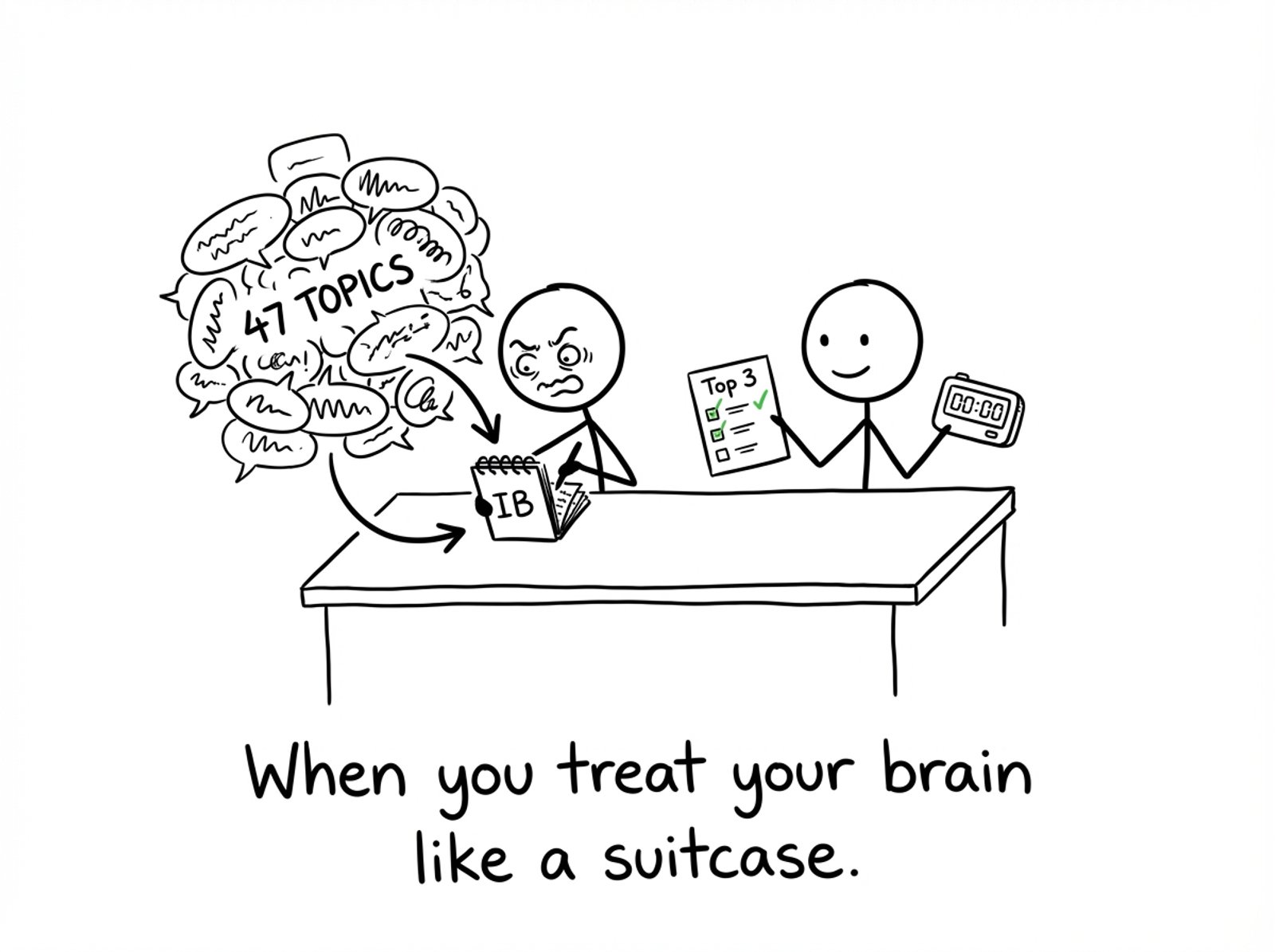 Two students: one cramming “47 topics,” one using a “Top 3” checklist
