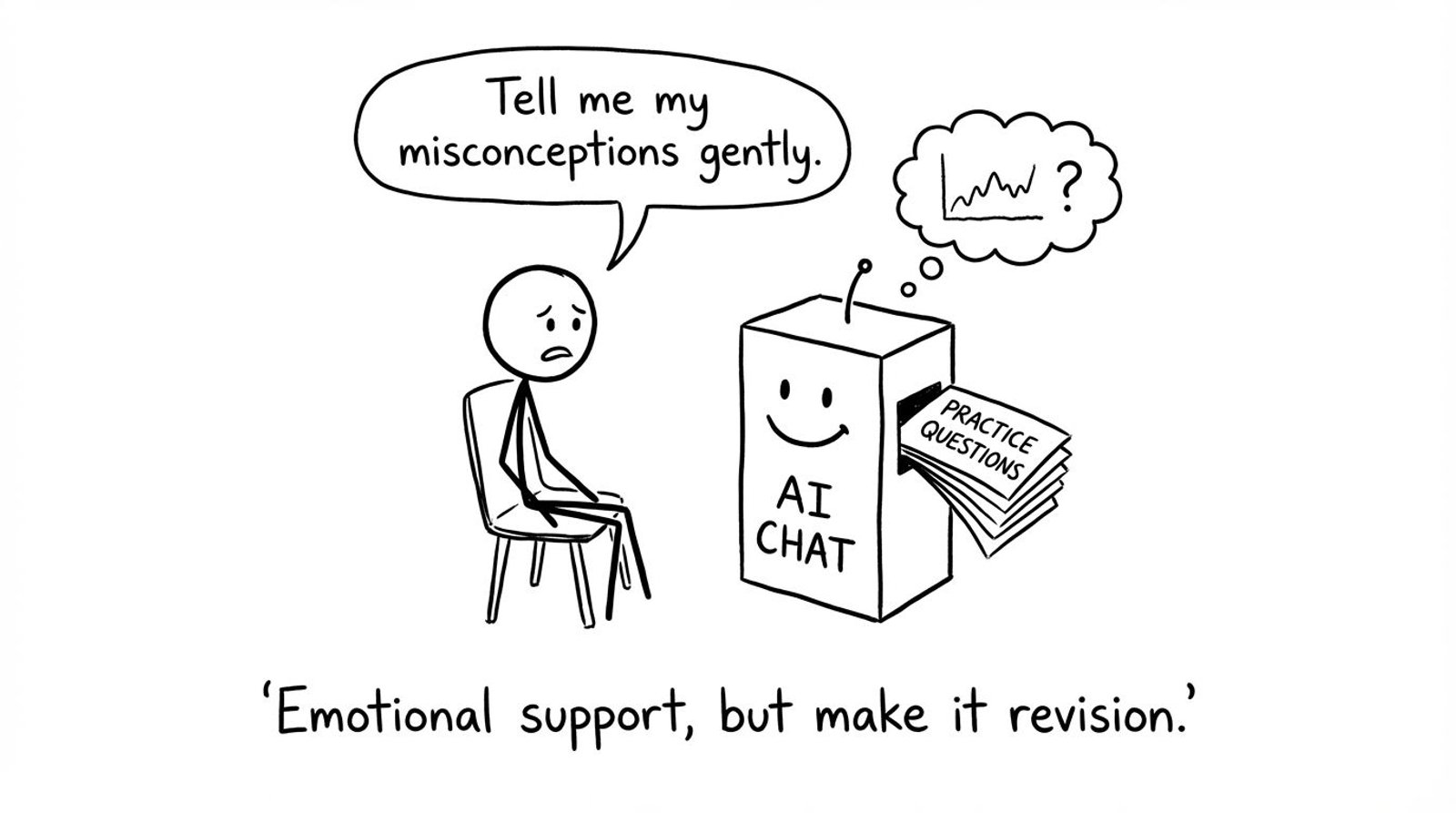 A stick figure uses AI Chat like a therapist: 'Tell me my misconceptions gently'