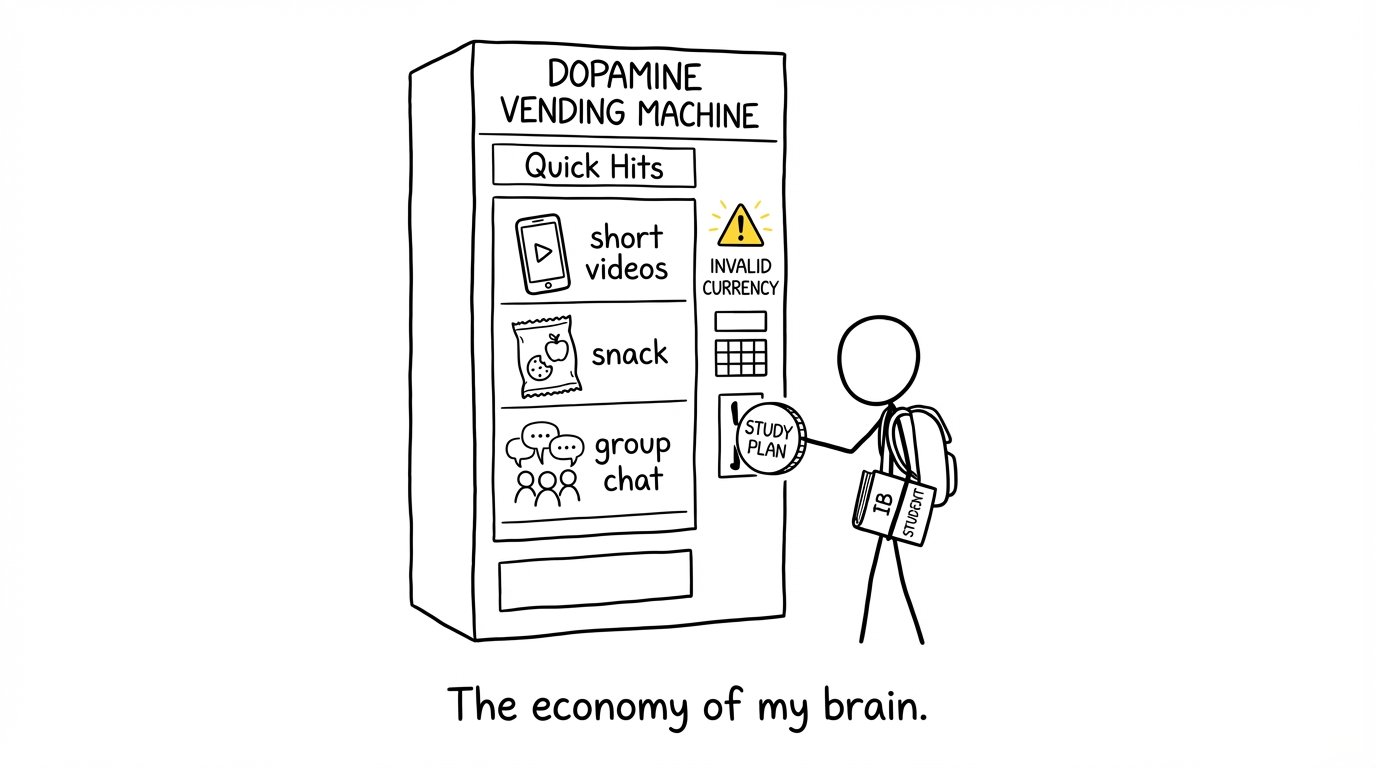 A “dopamine vending machine” rejects a “study plan” coin