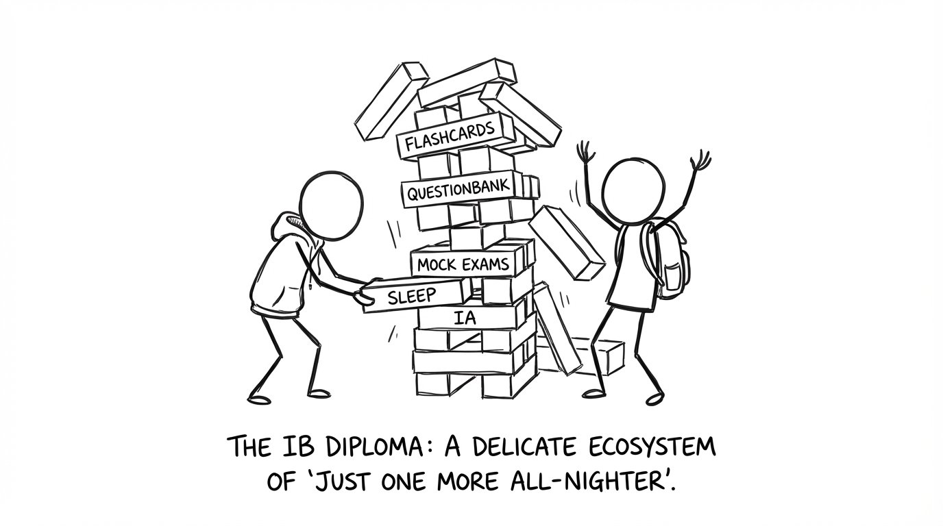Two students build a revision plan like a Jenga tower