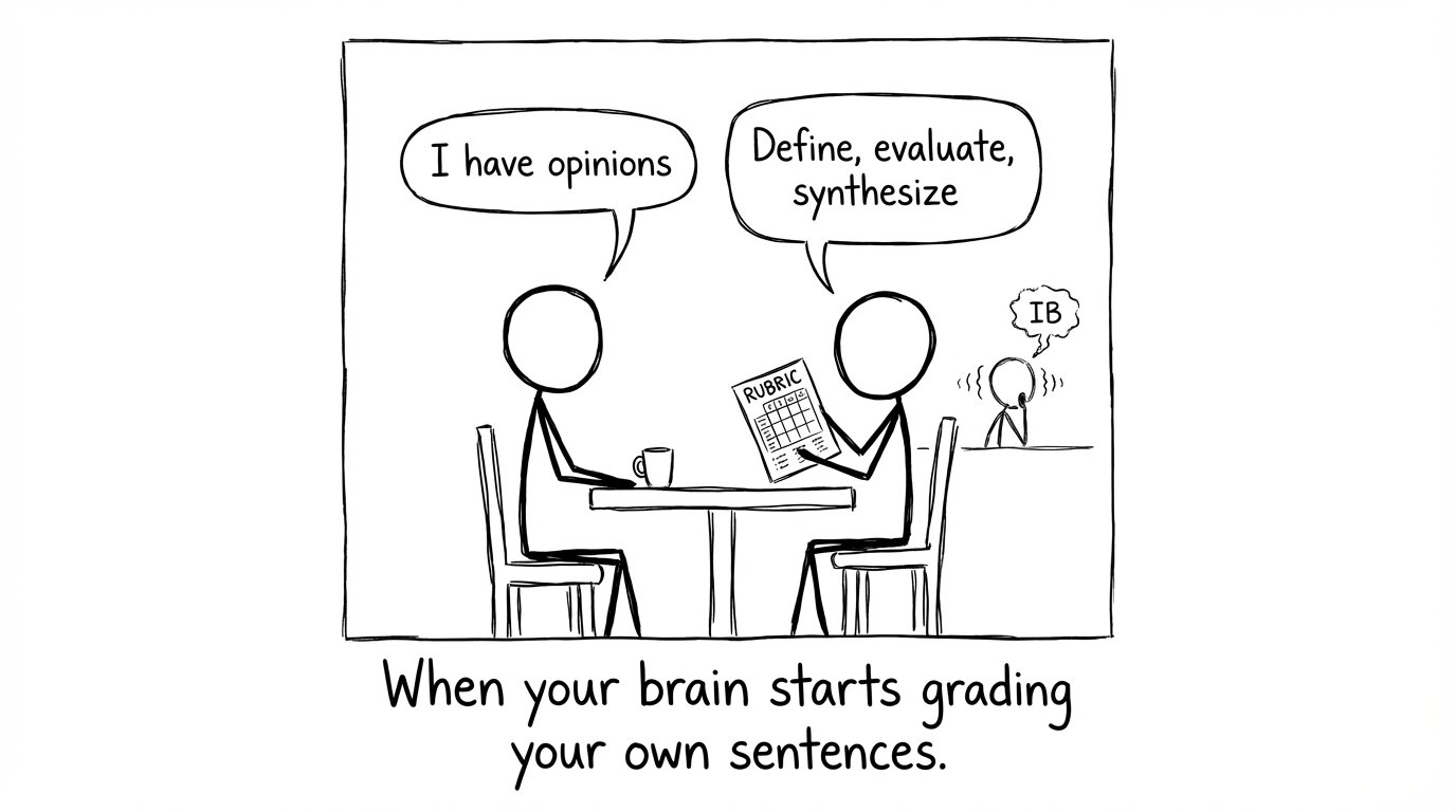 Two students in a cafe, one pulls out a rubric and says define evaluate synthesize