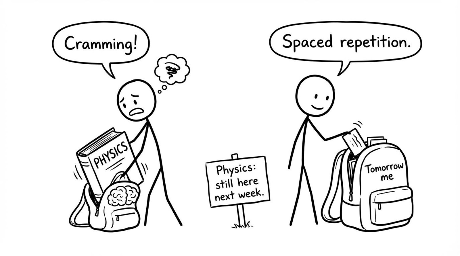 Cramming vs spaced repetition as a brain-backpack comedy
