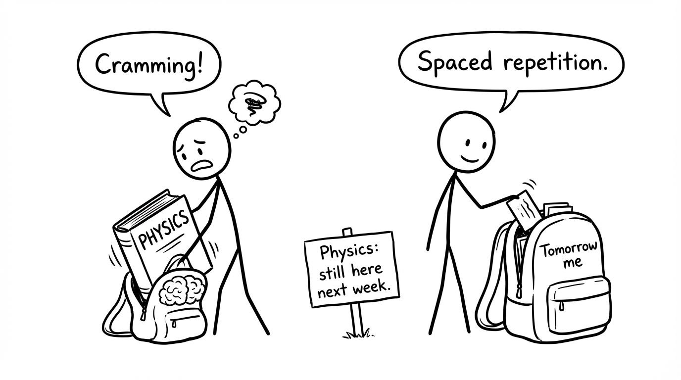Cramming vs spaced repetition as a brain-backpack comedy