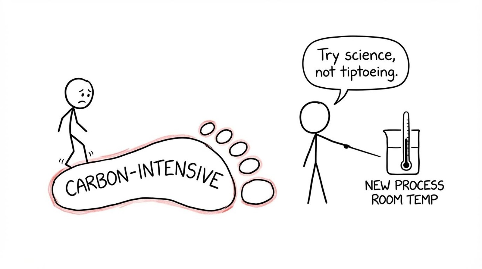 Stick figure tiptoeing around a giant carbon footprint