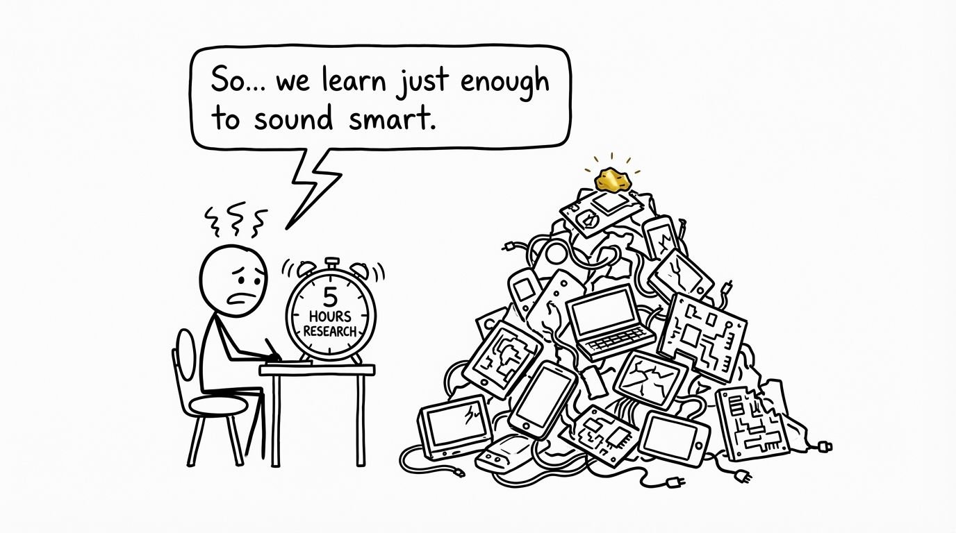 A stressed IB student with a 5-hour timer facing e-waste