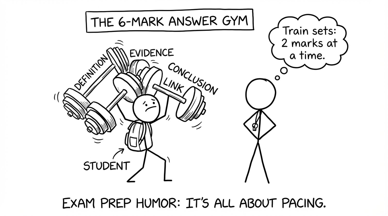 The 6-mark answer gym with labeled dumbbells