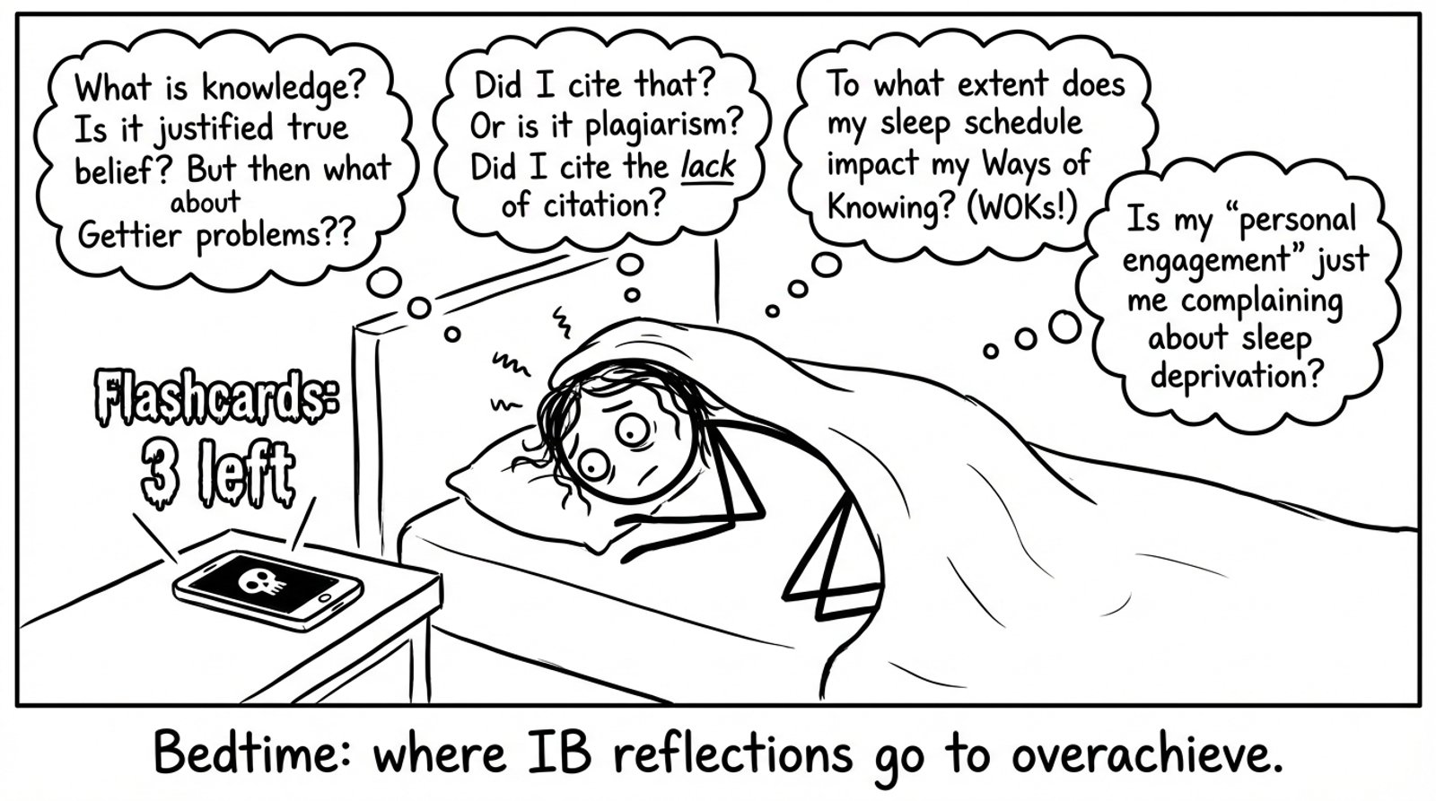 A student can’t sleep because TOK questions appear at bedtime