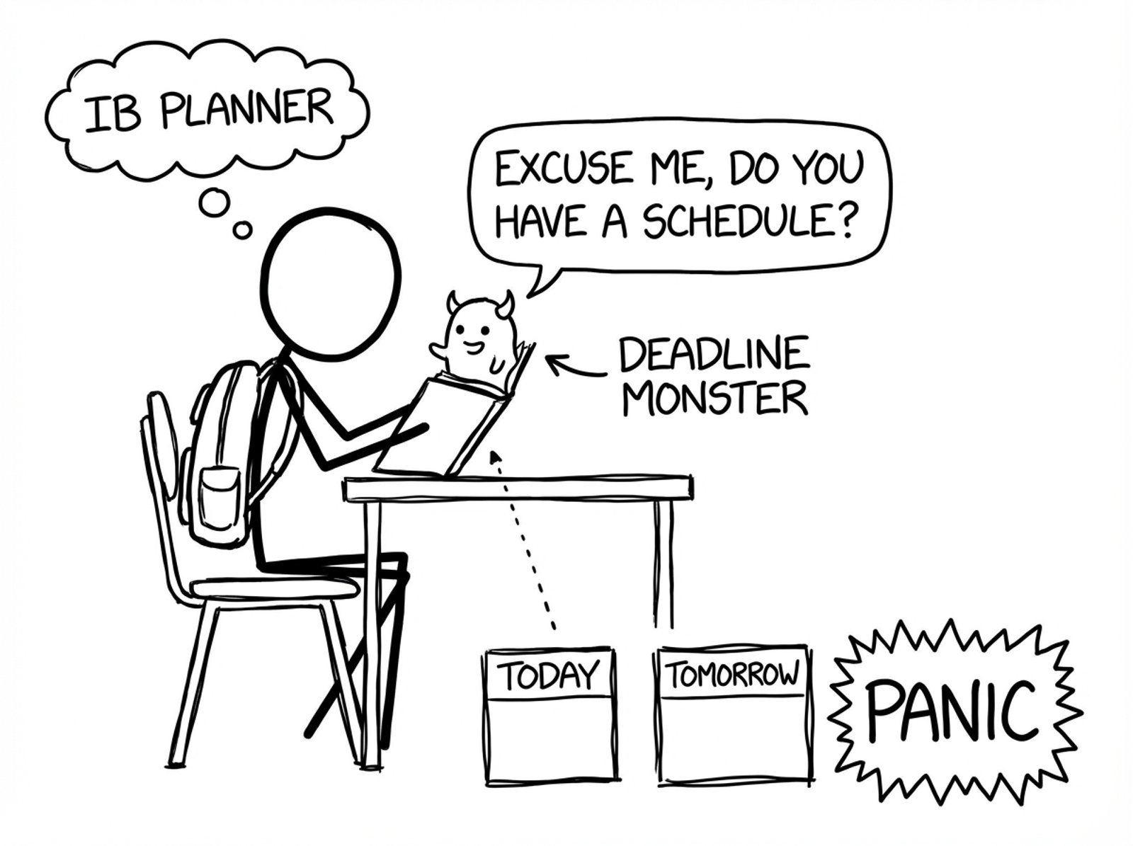 A student opens their planner and a tiny deadline monster asks politely for a schedule