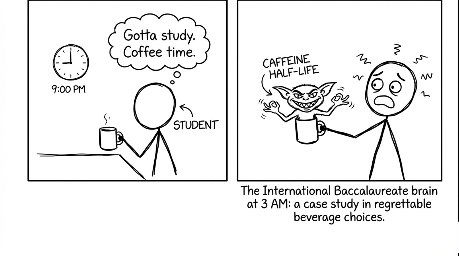 Coffee turns into a gremlin labeled caffeine half-life