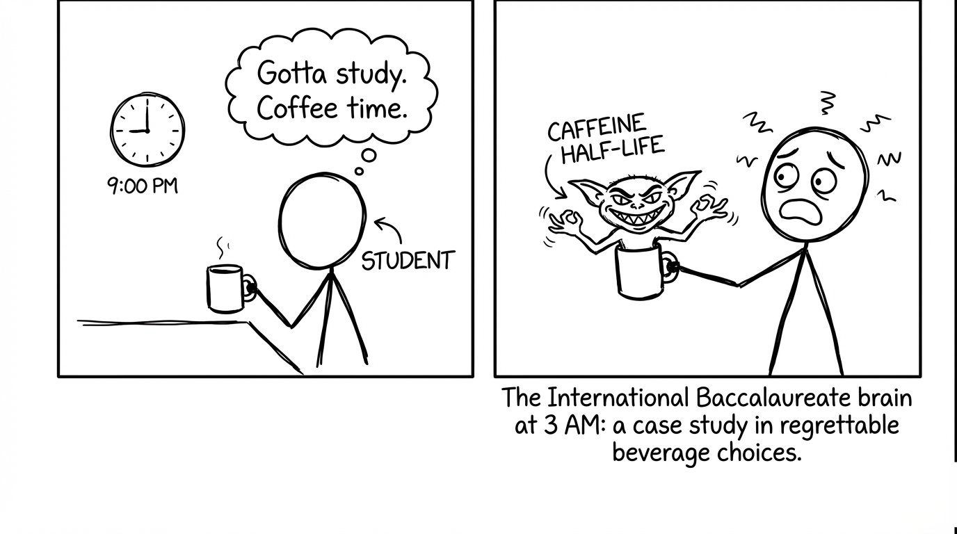 Coffee turns into a gremlin labeled caffeine half-life