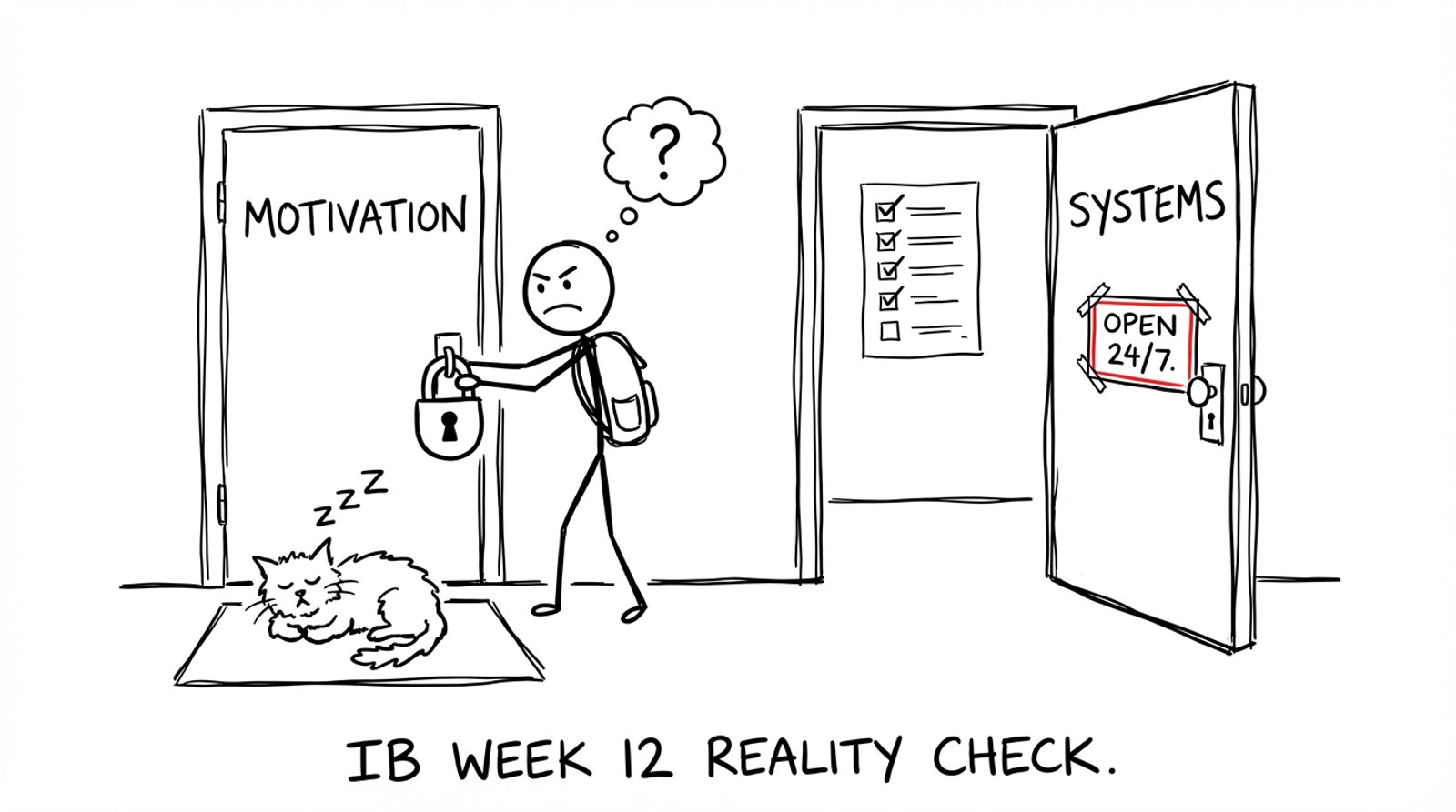 Two doors: Motivation is locked; Systems is open 24/7