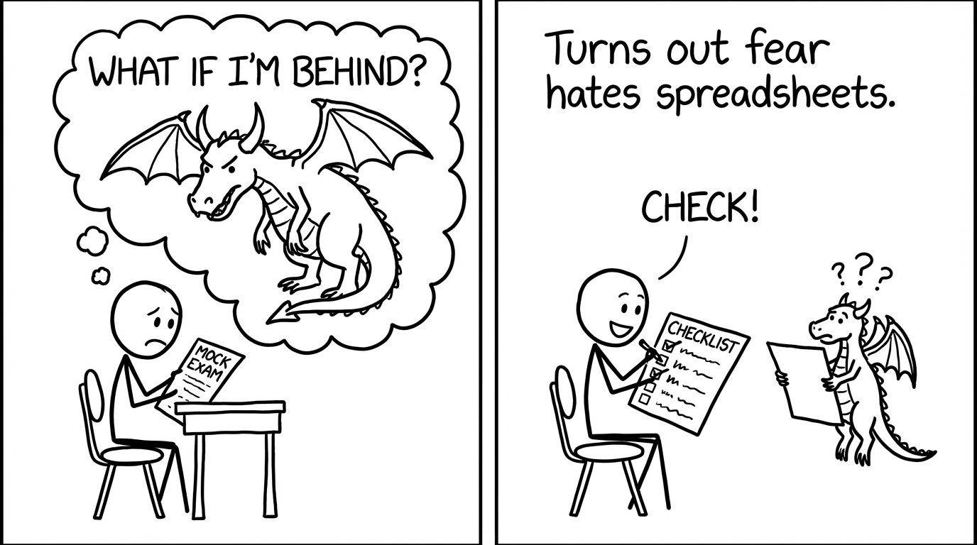 A dragon labeled “What if I’m behind?” gets confused by a checklist