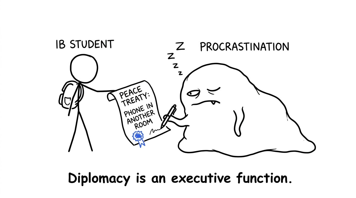 A student signs a treaty with a monster labeled Procrastination