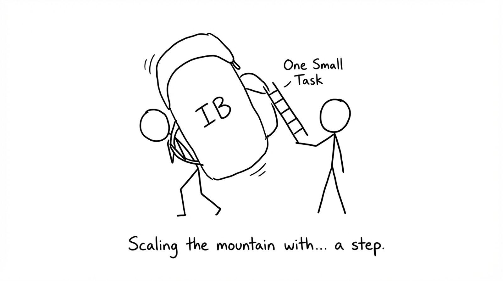 A tiny ladder labeled “One Small Task” makes a big backpack manageable