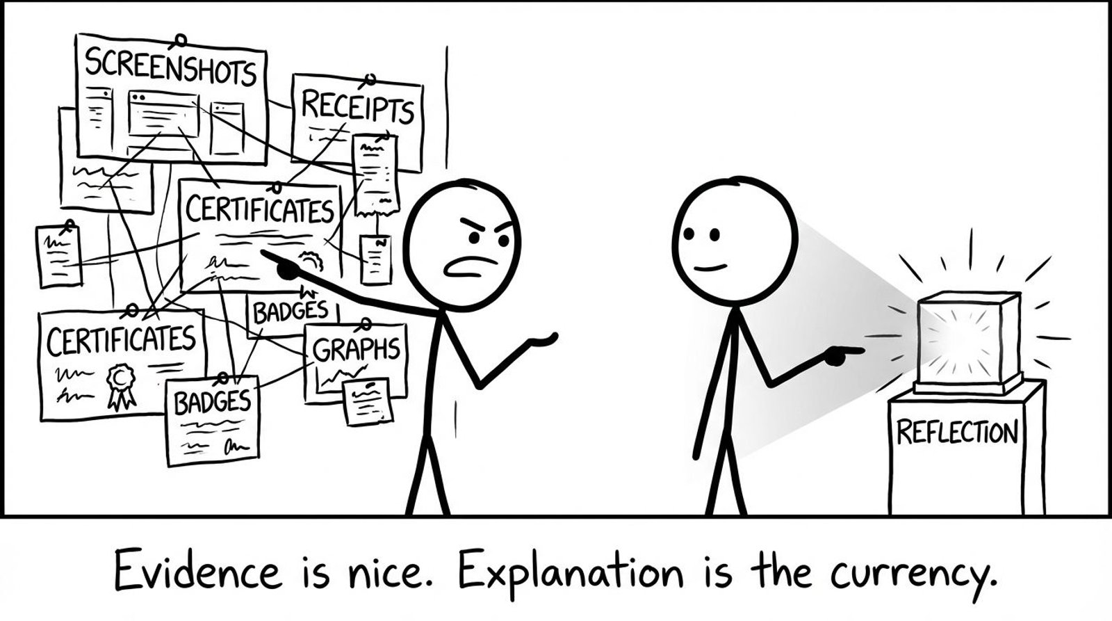 A student shows a chaotic wall of screenshots while a tiny glowing box labeled Reflection is the real treasure