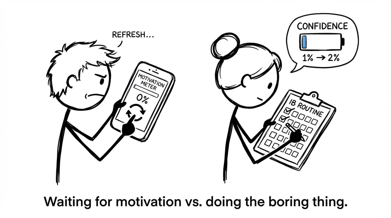 Stick-figure comic about waiting for motivation vs doing a boring routine while confidence charges 1%
