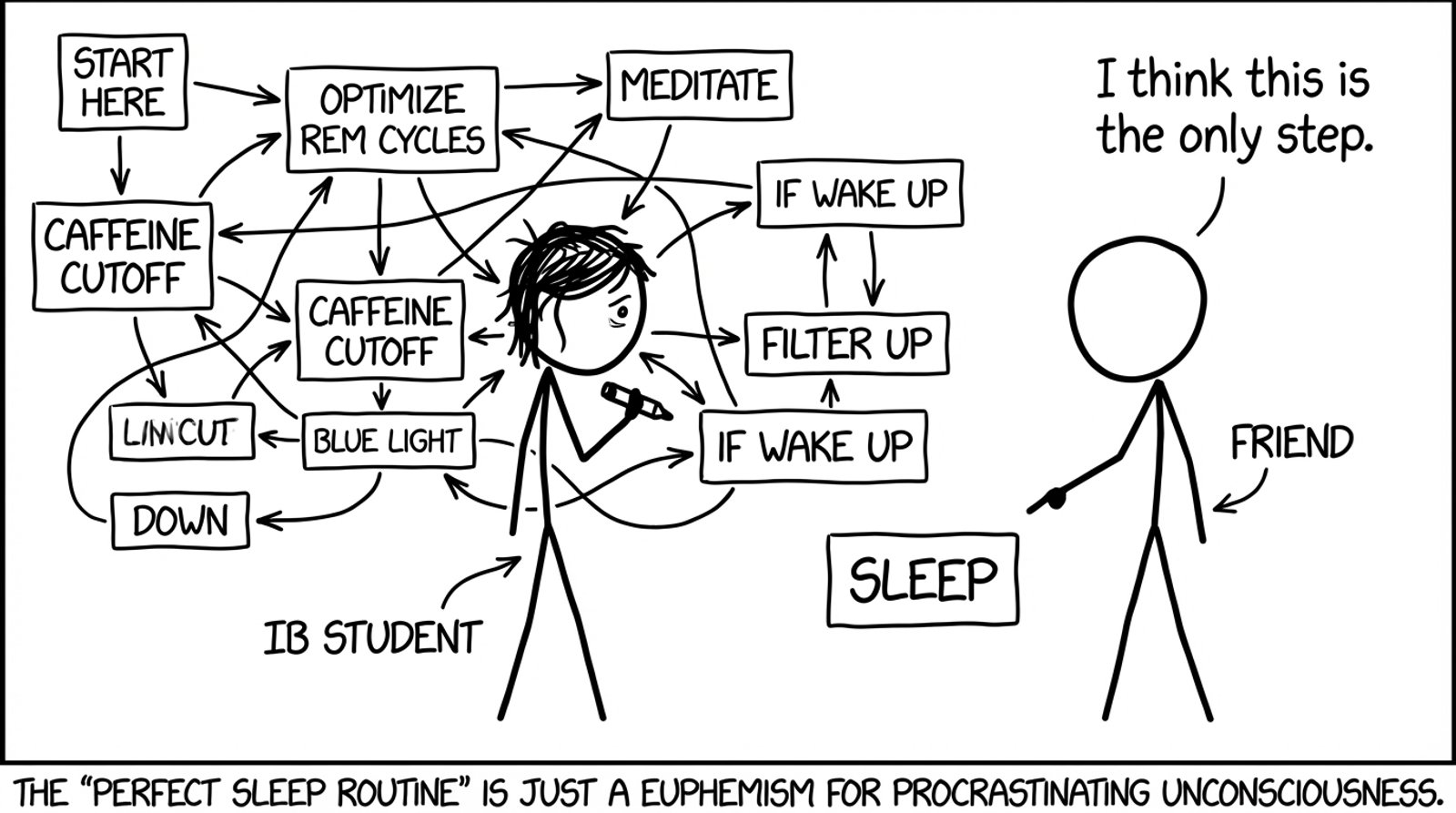 An IB student overcomplicates bedtime with a flowchart