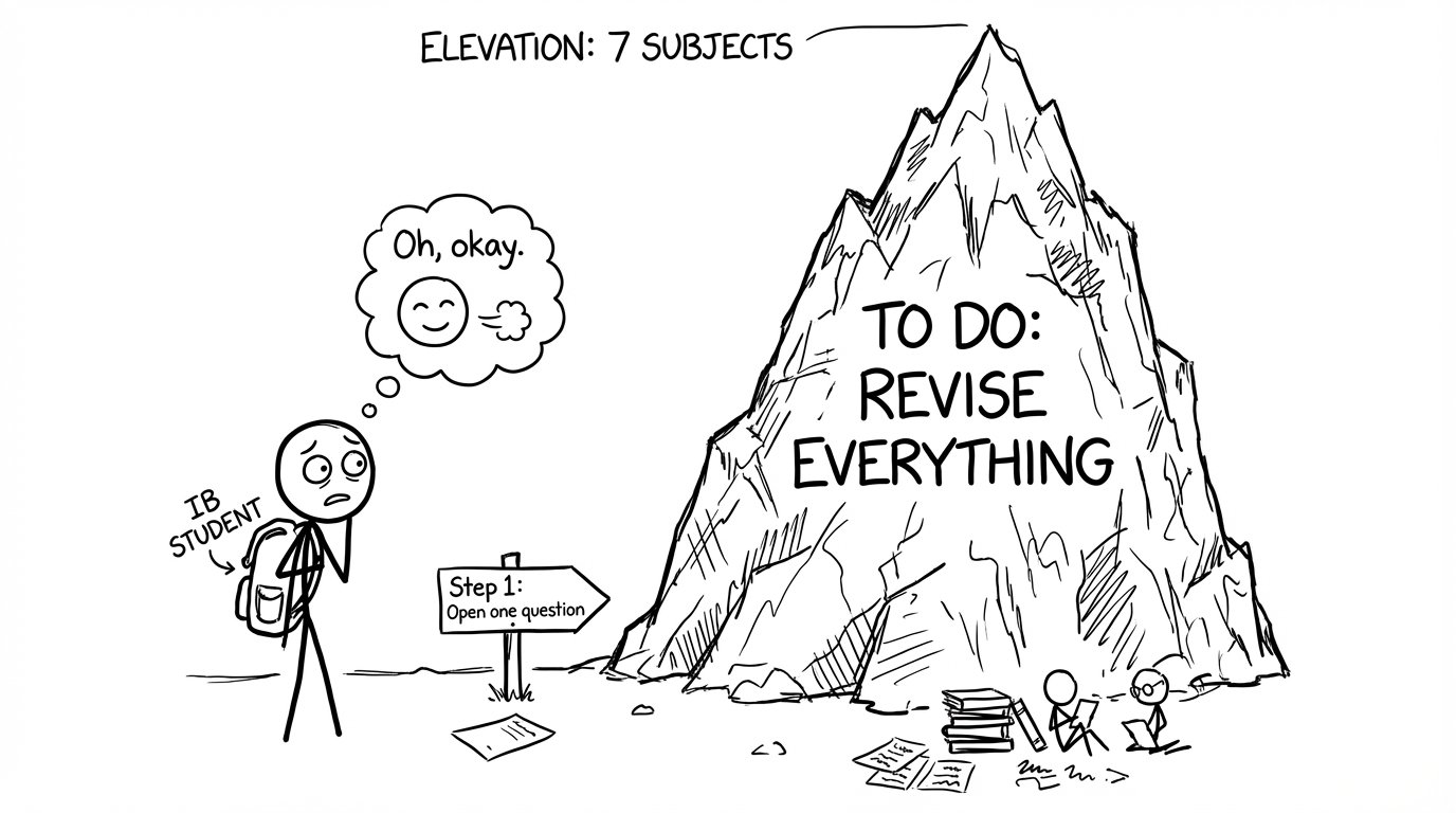 An IB student facing the 'revise everything' mountain