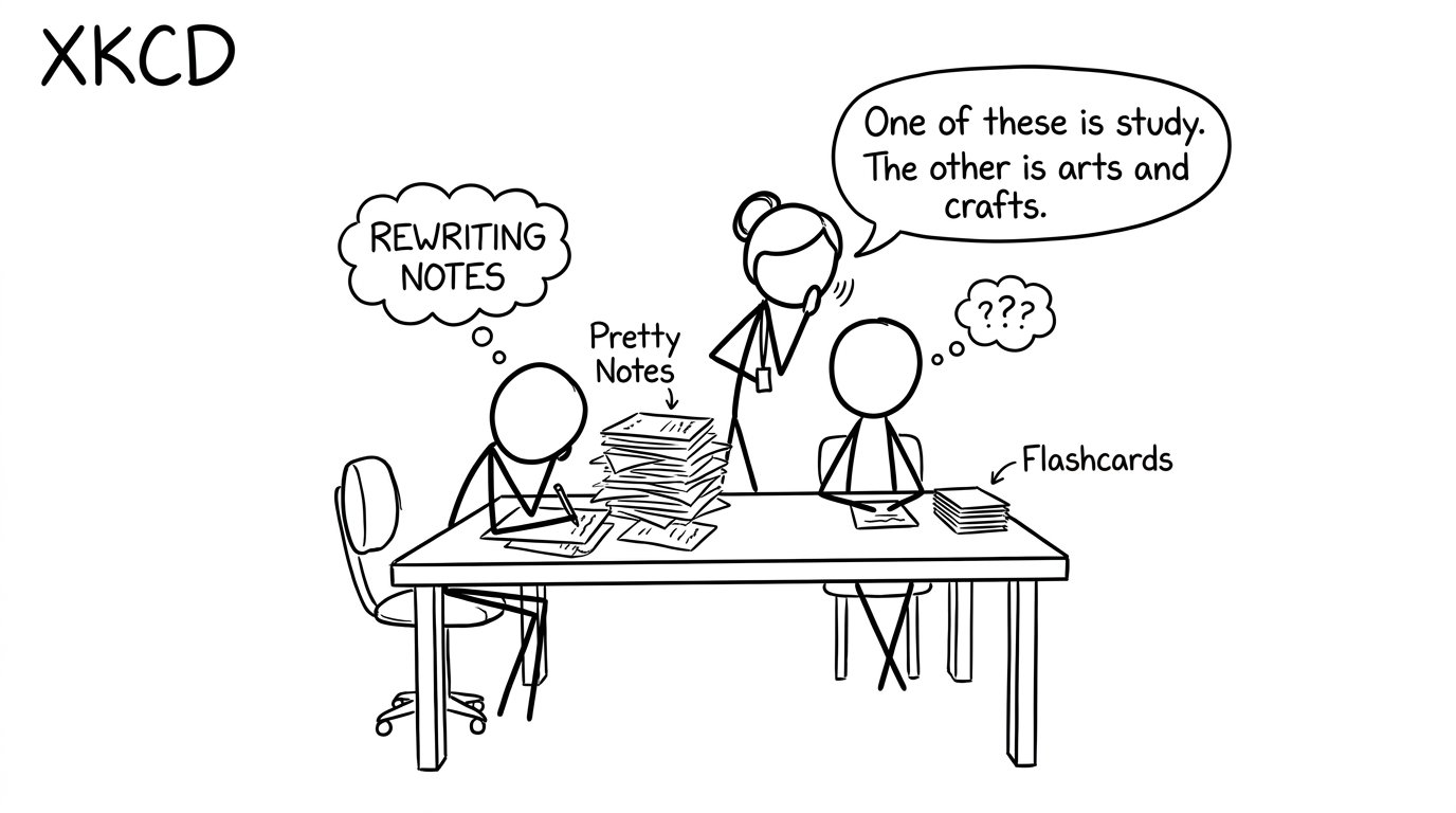 Two students: one making pretty notes, one using flashcards