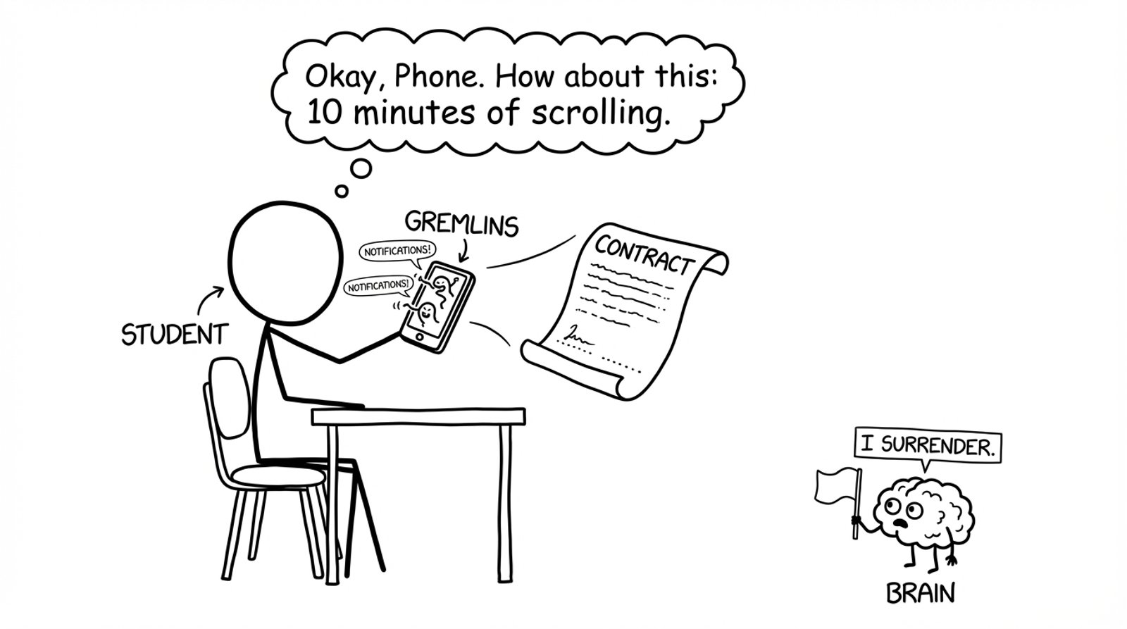 Student negotiating with their phone notifications