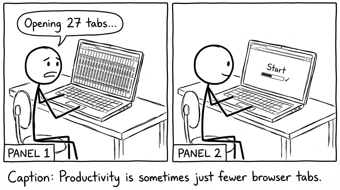 Two-panel comic about too many IB revision tabs