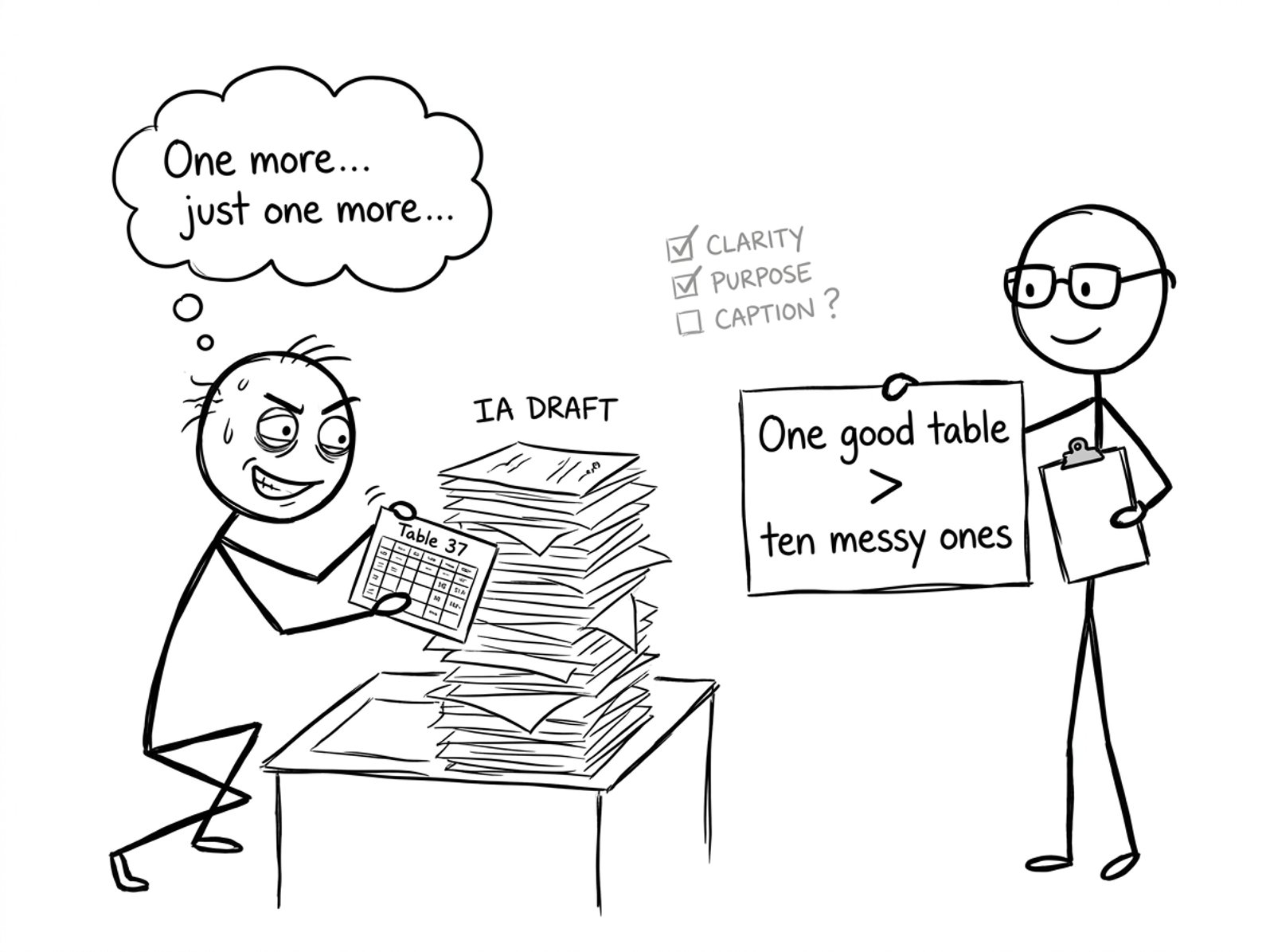 A stressed IB student adds the 37th table to their IA while a teacher holds a sign saying one good table is better than ten messy ones