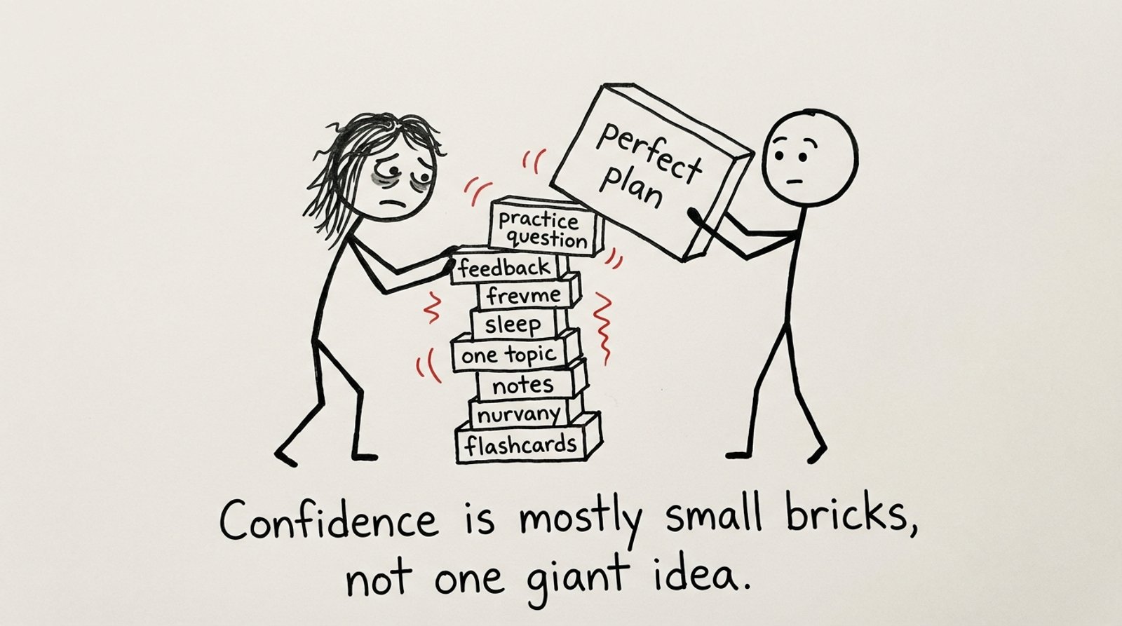 Stick-figure comic about building a confidence tower from small bricks, not a perfect plan