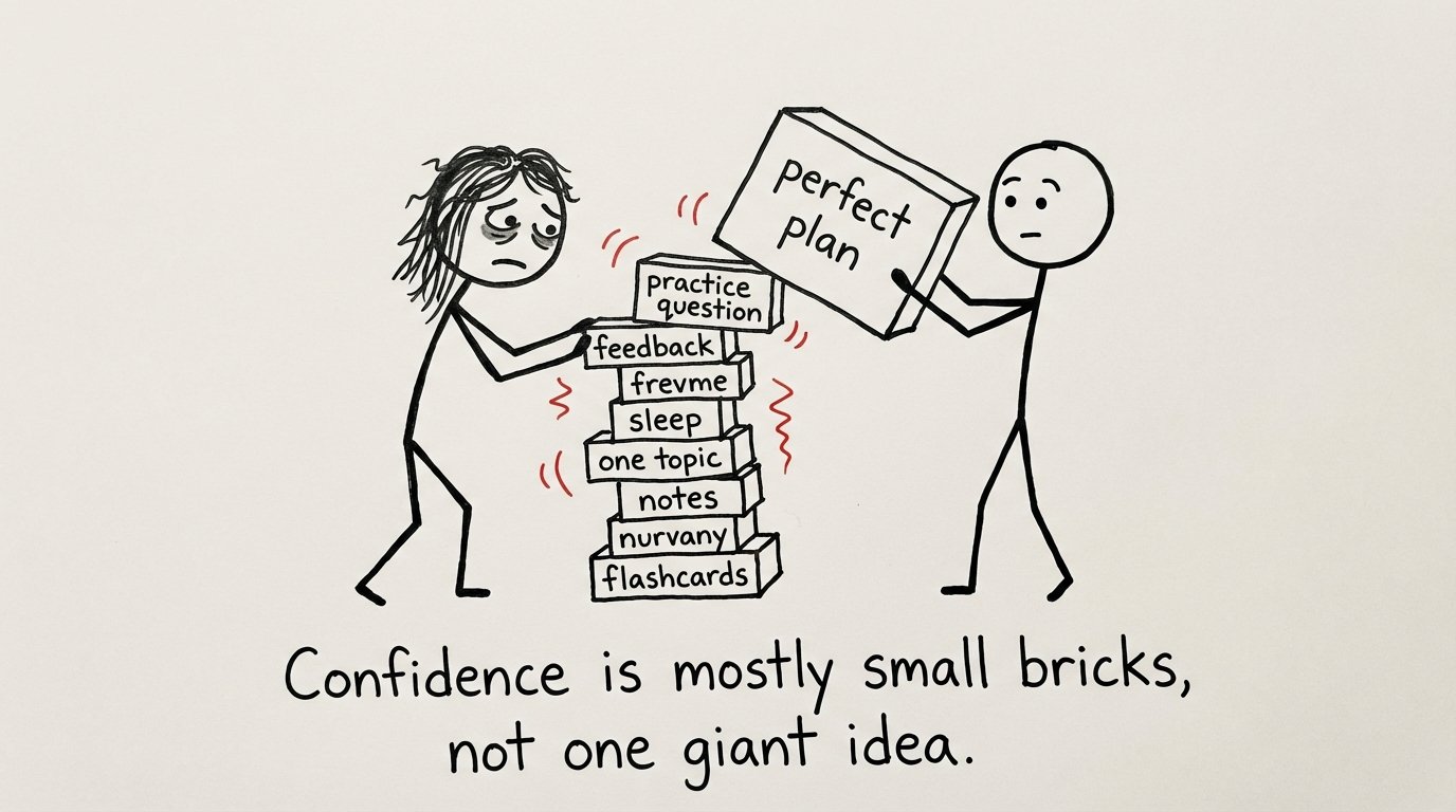 Stick-figure comic about building a confidence tower from small bricks, not a perfect plan