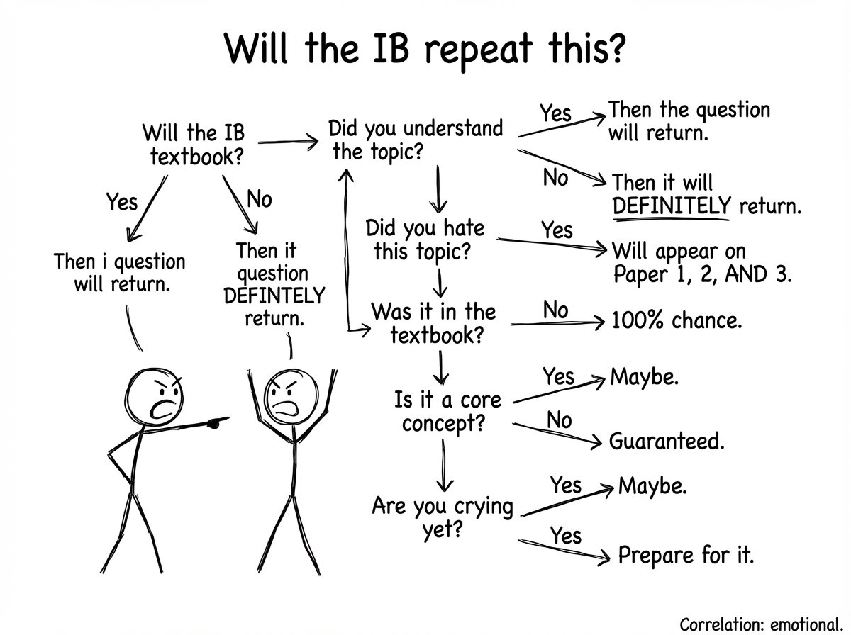 A flowchart titled “Will the IB repeat this?” with absurd branches