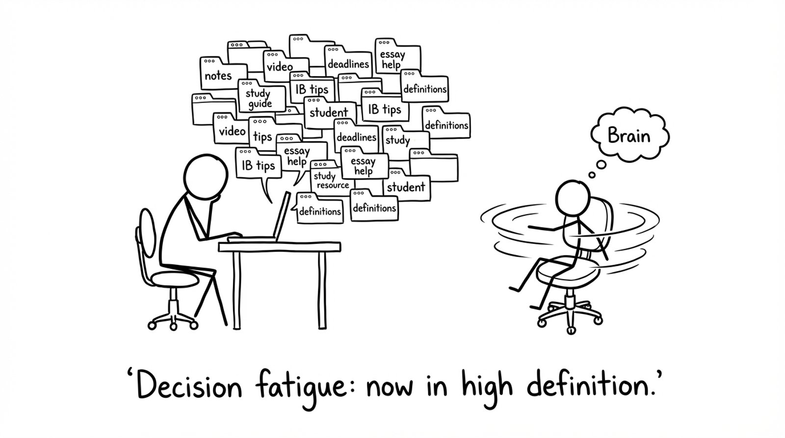 A student opens 37 browser tabs while their Brain spins on a chair